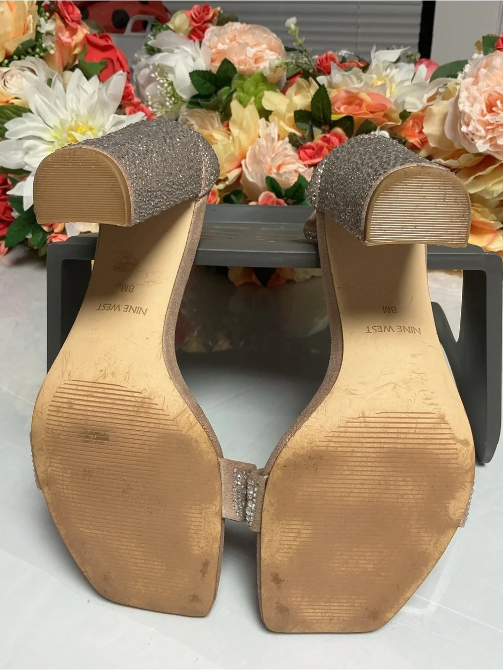 Nine West Rhinestone Block Heel Ankle Strap Sandals Champagne Shimmer Size 8M